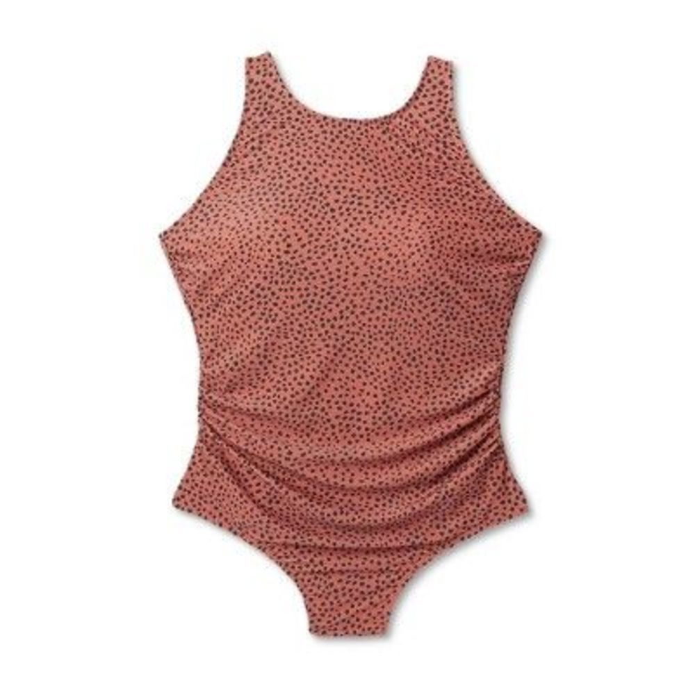 Women's Spotted Print High Neck Ruched Full Coverage One Piece Swimsuit - K - Picture 4 of 5